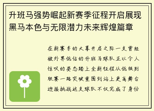 升班马强势崛起新赛季征程开启展现黑马本色与无限潜力未来辉煌篇章 升班马强势崛起新赛季征程开启展现黑马本色与无限潜力未来辉煌篇章