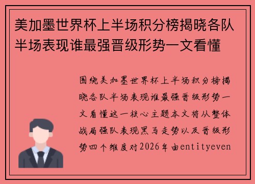 美加墨世界杯上半场积分榜揭晓各队半场表现谁最强晋级形势一文看懂